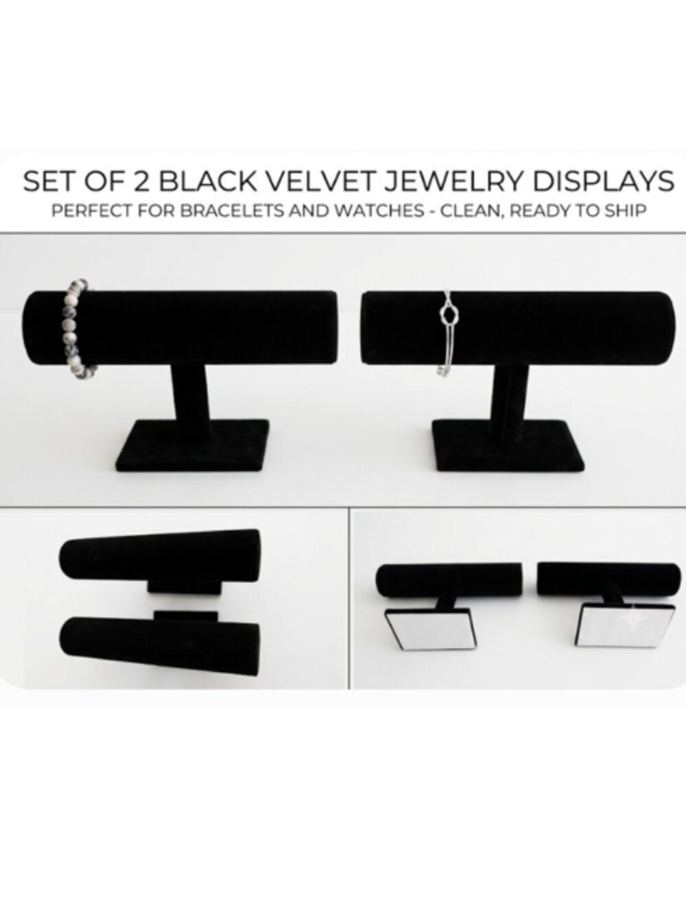 Set of two black velvet jewelry display bars